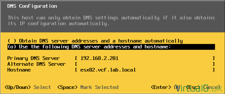 Set DNS and Hostname on the Nested ESXi 9 Host for VCF 9
