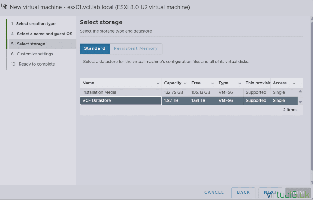 Select a datastore for the embedded ESXi VM for VCF 9